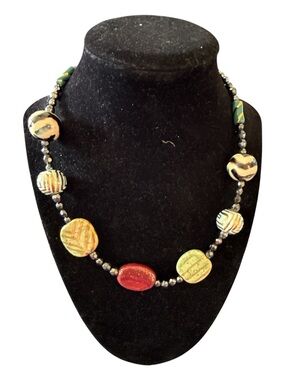 Artisan Multicolor Bead Necklace - Red, Green & Gold Accents 16”
